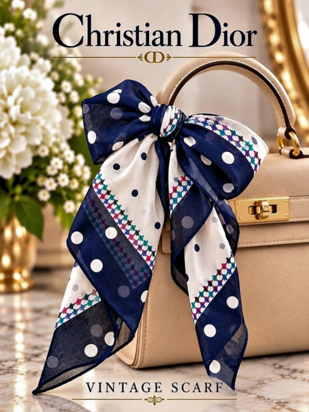 Vintage Christian Dior Navy Ivory Polka Dot Silk Scarf